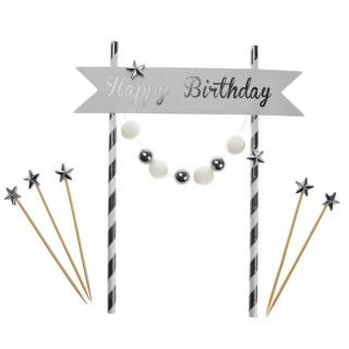 Dekoracja tortu srebrna "Happy Birthday"